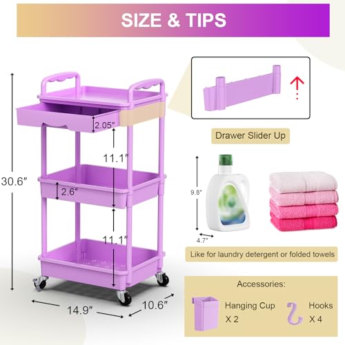 Goovilla 3 Tier Rolling Utility Cart Organizer with Removable Drawer,Purple - size: 3 Tier, style: Purple