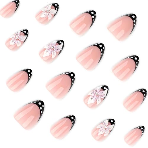 Medium Almond Press On Nails, Nude Pink Fake Nails with 3D Flower Design, Black French Tips and White Polka Dot Accents, Glossy Reusable Glue On Nails for Women Daily Wear Party, 24PCS - color: 3D-70-Pink Blossom Dots