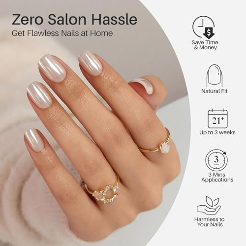 SHANGMENG Halloween Press on Nails, Short Square White Chrome Fake Nails - color: Pearl White
