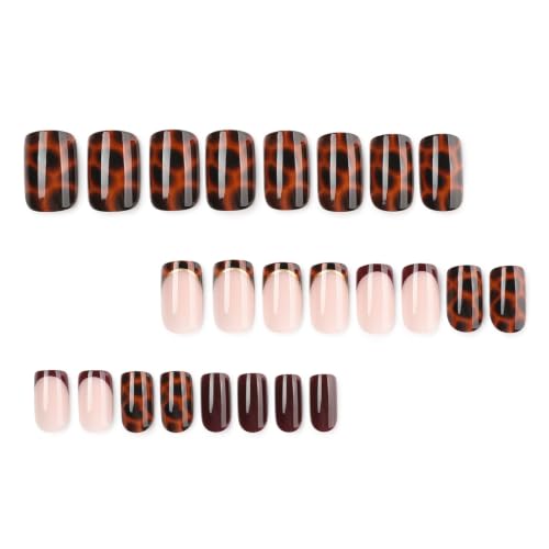 Tortoise Shell Press on Nails Brown Fake Nails French Tip False Nails - color: Style34