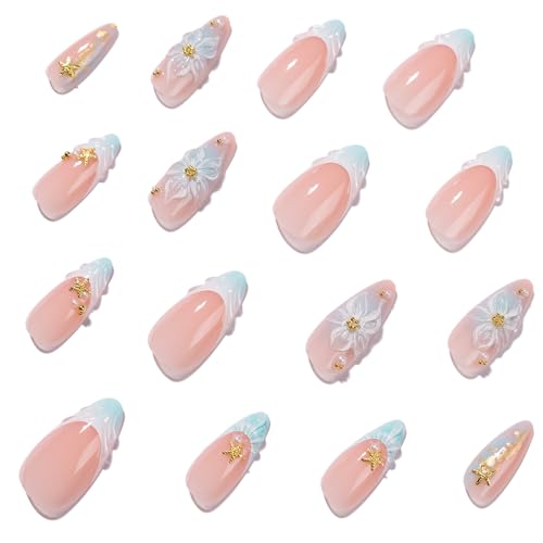 Blue Ombre Press on Nails Medium Almond - 3D Floral & Starfish - color: D-53