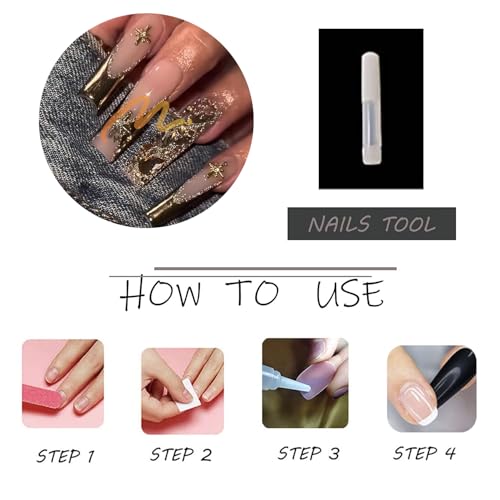 MISUD Press on Nails - Long Square Fake Nails with Gold Chrome, Acrylic Bling Glitter Rhinestone Design 24 pcs - color: 07801-02Gold