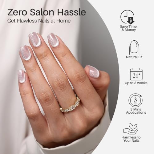 SHANGMENG Press on Nails, Square Short Nude Pink Glitter Cat Eye Fake Nails - color: Lunar Arc