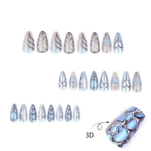Y2K Blue Press on Nails Long Almond - 3D Metal Design - color: Style-07