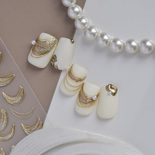 5D Embossed Nail Stickers, Premium Salon-Quality Self-Adhesive 3D Nail Art Decals, Refined Classic Designs for Easy DIY Manicure (Golden Crescent) - color: Golden Crescent