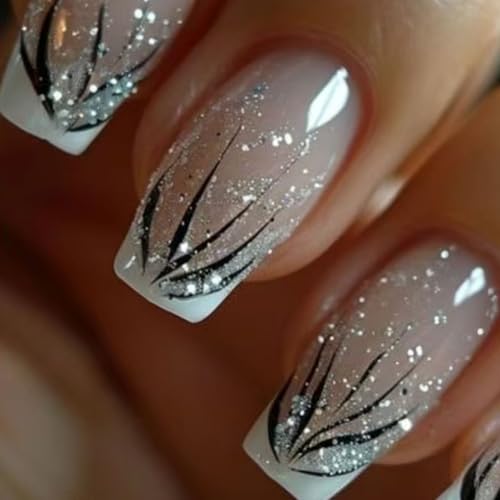 French Tip Press on Nails Medium Square Fake Nails with Glitter Lines Designs White Nails Press ons Nude Black Glue on Nails Glossy Acrylic Nails Artificial Stick on Nails for Women 24Pcs - color: Glitter Lines Designs