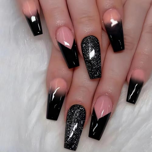 MISUD Press on Nails - Long Coffin Fake Nails with Goth Black, Acrylic Bling Glitter Design 24 pcs - color: 019A05-09Black
