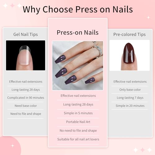 Cat Eyes Press On Nails,12 Sizes - 24 Pcs Soft Gel Dark purple Medium Coffin Fake Nails Kit with Nail Glue,Reusable Stick On False Nails for Women and Girls (Skycloud Cateye Dark purple) SK0705 - color: SK0705-Fuchsia