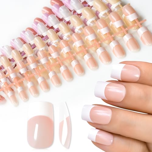 120Pcs Natural Nude Pink White French Press on Nails Square Fake Nail, Full Cover Glossy 5 Designs False Nails Acrylic Glue on Nails with 5 Sheets Adhesive Tabs for Women Girls Finger Christmas Nails - color: Natural Nude Pink Square