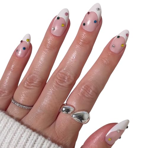 PaintLab Bejeweled 3D Gem French Tip Press On Nails, Medium Almond, 30pc - color: Bejeweled