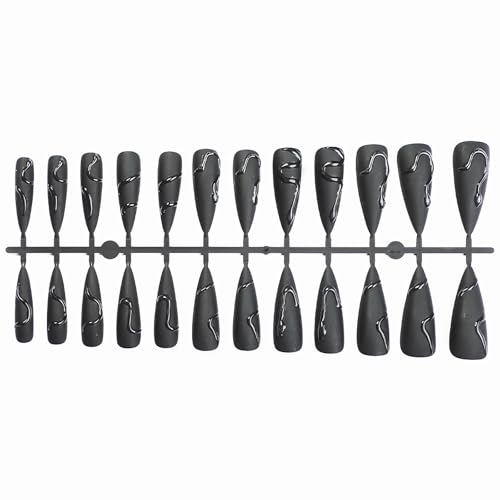 MISUD Press on Nails - Long Stiletto Glue on Nails with Goth Black, Acrylic Gothic Snake Design 24 pcs - color: 06121Black