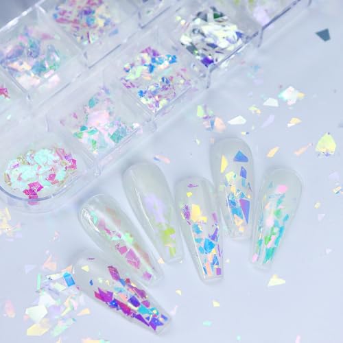 1 Box Holographic Aurora Nail Foil Laser Mermaid Nail Sequins 3D Iridescent Cellophane Nail Flakes Sparkly Glitter Flakes Shiny Nail Glitter Iridescent Nail Sequins Glitter for Nails Art 12 Grids - color: YHN27