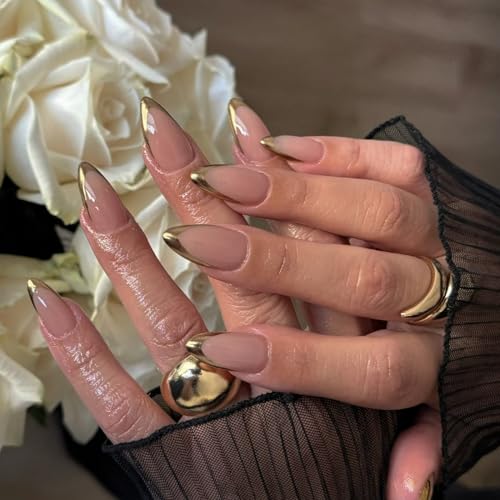 Gold French Tip Press On Nails Short Almond, Medium Fake Nails French Nails Press ons Acrylic Nails Glue on Nails Medium, Natural Short Almond Nails False Nails for Women in 12 Sizes 24 Pcs - color: almond chrome gold