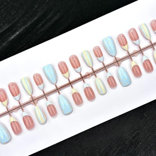Short Almond Press On Nails - Polka Dot, Striped - color: Color-35
