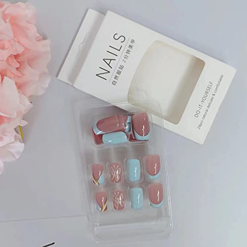 Square Press on Nails Medium Fake Nails French Gold Glitter Designs Butterfly False Nails Pink&Light Blue Acrylic Glue on Nails Glossy Full Cover Stick on Nail for Women Girls - color: Pink&White