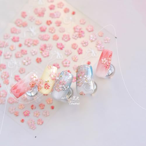 5D Embossed Pink Small Flowers Nail Stickers for Nail Art Self-Adhesive White Bow Nail Decals Spring Flowers Nail Design Stickers with Gold Stamen Nails Supplies Cute Nail Art Decals for Women DIY - style: 5D Embossed Nail Stickers-6