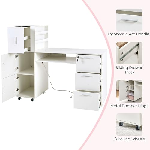 Manicure Table Nail Desk for Nail tech, 56 Inch Beauty Nail Table w/3 Cabinet+3 Drawers+3 Layers Open Cabinet+1 Open Drawer + 1 Power Outlet for Professional Salon Manicure Workstation