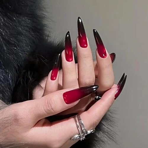 MISUD Press on Nails - Long Stiletto Glue on Nails with Gothic Red Black, Acrylic Goth Vampire Design 24 pcs - color: 02303-01Red Black