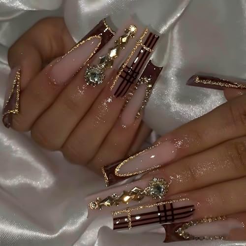 RUOKEXIN 24Pcs Extra Long Square Glitter False Nails with Rhinestones, Brown French Tip, Gold Glitter, Sparkly, Plastic, Glossy, Press On Nails for Women - color: Long Style-C7C2