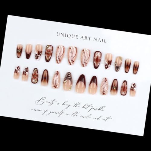 Fall Press on Nails Almond, Flower, Water Ripple, Brown, Medium - color: Style-03