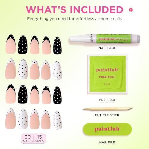 PaintLab Black White Polka Dot Press On Nails, Medium Almond 30pc Nail Tips - color: Polka Dot Couture