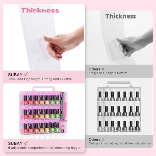 SUBAY Nail Polish Organizer Case for 48 Bottles, Double Side Nail Polish Holder for Storage Display, Portable Nail Polish Storage with 2 Toe Separators, 6 Adjustable Dividers for Space Saver, Pink - size: 1 Piece Pink