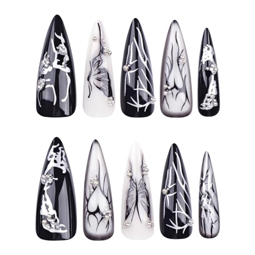 MISUD Press on Nails - Long Stiletto Glue on Nails with Goth Black, Acrylic Gothic Butterfly Design 24 pcs - color: 06103-01-01Black