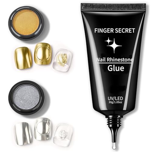 Rhinestone Glue Kit with Gold & Silver Chrome Powder - 30g Nail Glue for 3D Gel Nail Art & Charms - color: D-30g Rhinestone Glue With Chrome Powder