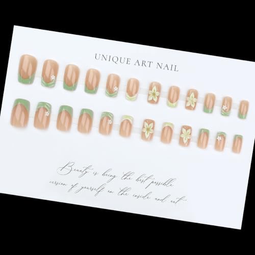 Green French Tip Press on Nails Medium Square 3D Floral Water Ripple Design - color: Green White