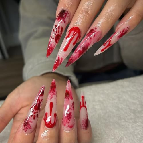 Red Halloween Press On Nails Long Fake Nails Stiletto False Nails - color: Style C014, size: Medium