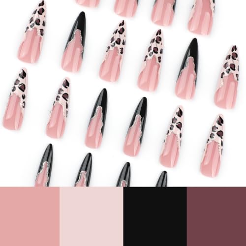 Leopard French Tip Press on Nails Long Stiletto - Glitter - color: Style-09