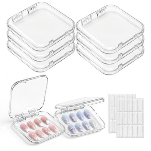 6 Pcs Press On Nail Storage Box with 60 Double Sided Adhesive Tapes, Clear Acrylic Nail Packaging Box, Fake Nail Display Case Organizer for Press Ons, Nail Art Business, Salon Supplies - color: 6 Pcs