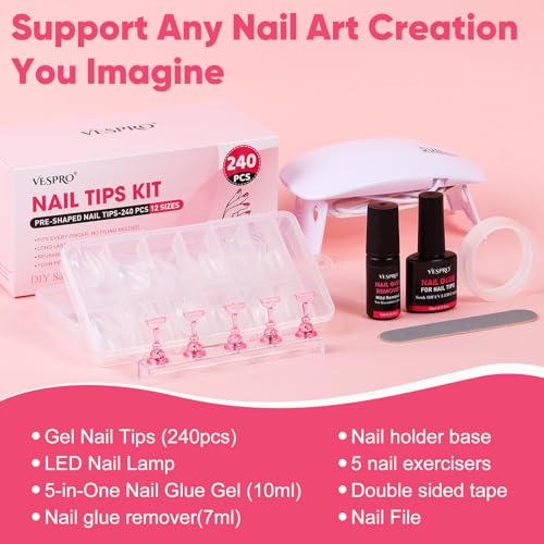 Full Cover Acrylic Nail Tips with Glue,240Pcs Almond & Square Nail Tips Kit
