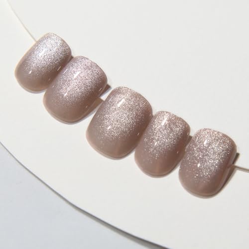 Nude Press on Nails Short Square, Summer Cat Eye Press on Nails, Fashion Gel Fake Nails, Reusable Acrylic Fake Nails, Glossy Stick on Nails for Women, Glue on Nails Kit, Icy Nude - color: B04-Icy Nude