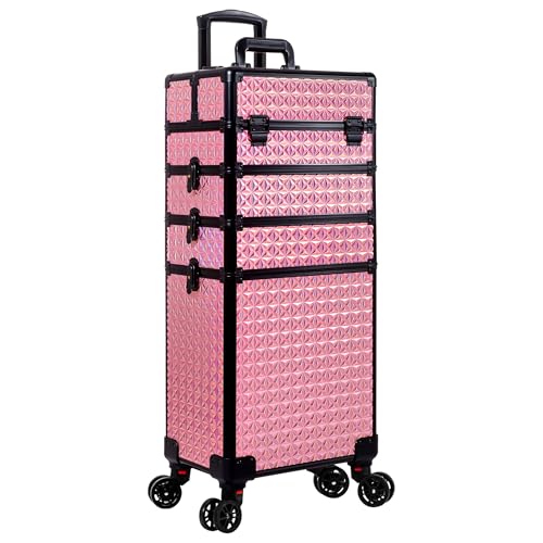 AROUS 5 in 1 Rolling Makeup Train Case with Lid Cosmetology Case on Wheels - color: Pink