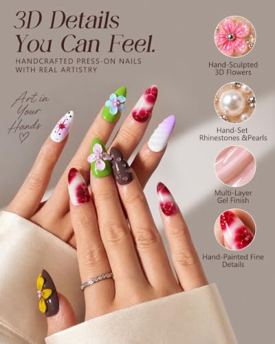 Buleens 100% Handmade Acrylic Press On Nails Medium Almond 10PCS Size M - color: Colorful Flower, size: M