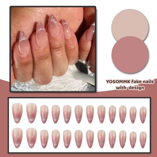 Pink Cat Eye Acrylic Press on Nails Almond Medium Fake Nails - color: 24-Pink