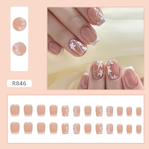 RTKHFZE Press on Nails French Tip Short Fake Nails Square Acrylic Nails with Cute Flower Designs Artificial Pink False Nails Stick on Nail for Women Manicure 24Pcs - color: R846