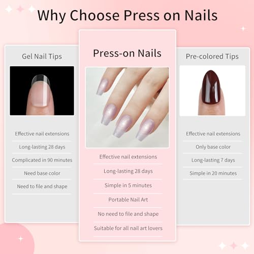 Cat Eyes Press On Nails,12 Sizes - 24 Pcs Soft Gel Purple Medium Coffin Fake Nails Kit with Nail Glue, Natural Reusable Stick On False Nails for Women and Girls (Skycloud Short Light Purple) SK0716 - color: Purple