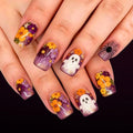 Halloween Press On Nails, Short Square Ghost Floral Design, Purple - color: style 03