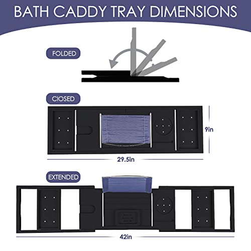 Foldable Bathtub Tray Caddy with Soap Dish Adjustable 29.5-43''Black - color: Black