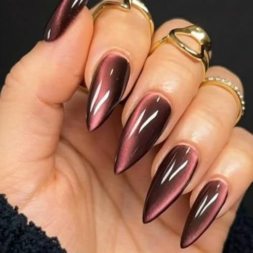 Red Brown Press on Nails Almond Medium Glossy Fake Nails for Women - color: 19- Red Brown