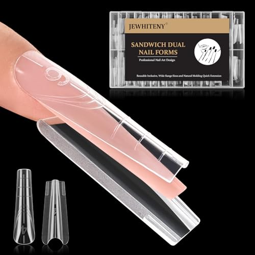 JEWHITENY 280 PCS Sandwich Nails Dual Forms:Long Coffin Reusable Nail Forms with Guide Lines,14 Sizes Nail Mold for Nails Extension,Salon & Home DIY Nail Art Tools - color: Long Coffin-SMZ-01