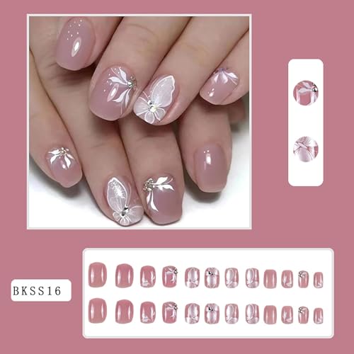 24Pcs Short Press on Nails RTKHFZE Pink Fake Nails with White Butterfly and Rhinestones Designs Press Ons False Nails Square Full Cover Acrylic Nails Stick on Nail for Women and Girls - color: BKSS16