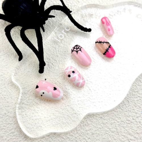 Halloween Press on Nails Ghost Spider Web Short Almond Fake Nails - color: Halloween Press on Nails 07