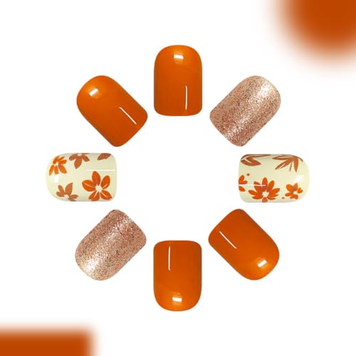 Fall Press on Nails Square, Flower Maple Leaf Design, Short, Glitter 24Pcs - color: Style-25