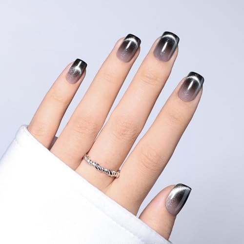Black Ombre Cat Eye Press On Nails, Short Square Reusable Nails - color: I2-Smoked Eclipse