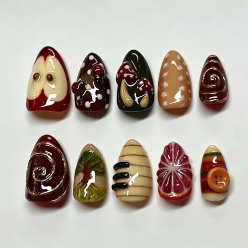 30pcs Fall Fake Nails Autumn Mushroom Fruit Press on Acrylic Nails - color: Halloween Press on Nails 23