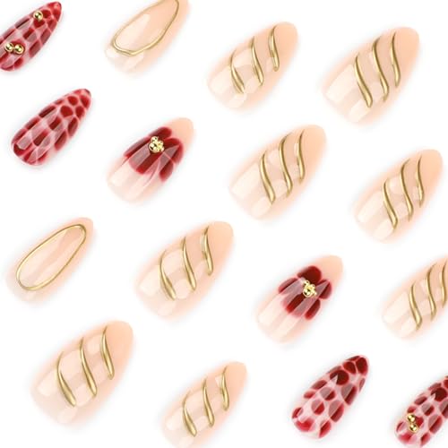 Almond Press on Nails - Medium Fake Nails with Flower Gold Line Design - Ombre False Nails Press ons - for Women Manicure 24 Pcs - color: Brown Gold