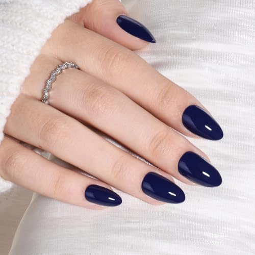 Navy Blue Press On Nails, Short Almond, Glossy Dark Blue Glue On Nails - color: D8-Navy Blue